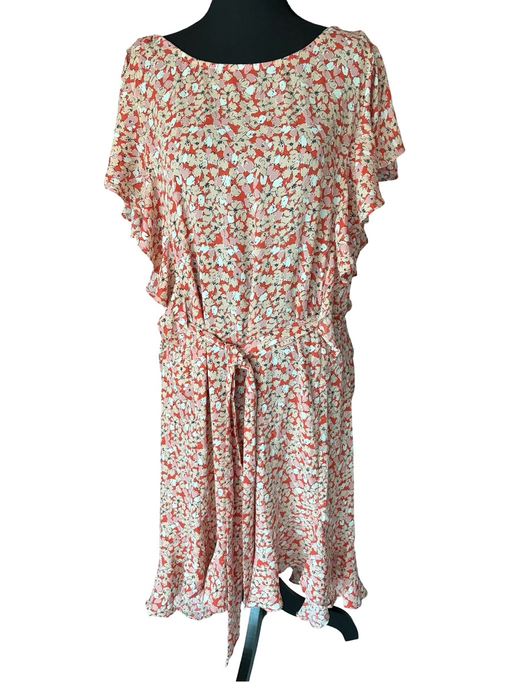 Max Studio Coral and White Floral Midi Dress with Tie Waist